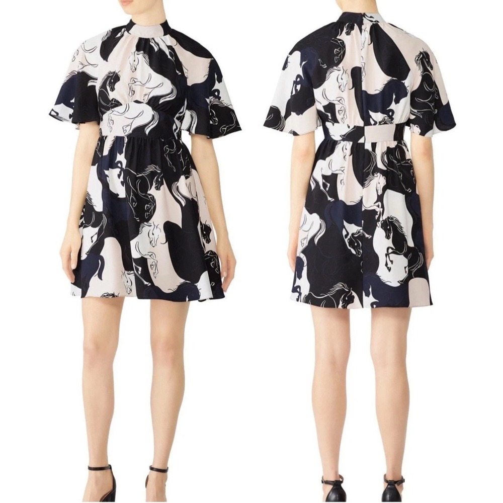 Kate Spade New York Wild Ones Stallions Horse Print Crepe Dress Black Pink 8